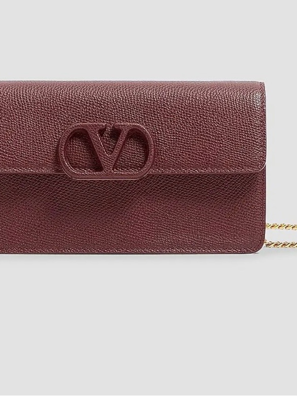 Valentino Garavani Embossed V Logo Burgundy Leather Clutch with Gold Chain